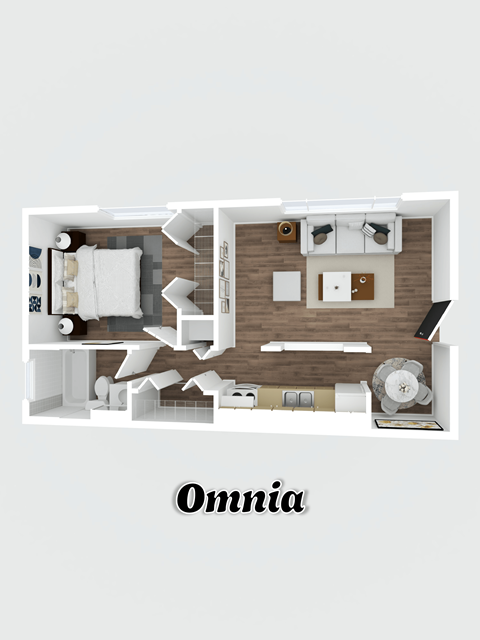 A white floor plan of a house with the word "Omnia" written below it.